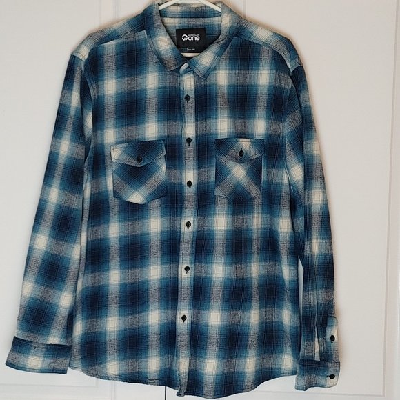 Warehouse One Men's Sz XXL Teal/Navy Blue Long Sleeve Shirt w Pockets - Picture 2 of 12